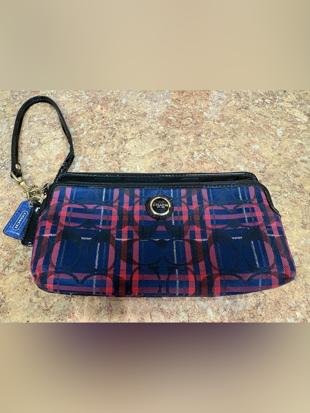 Coach Poppy Navy & Red Tartan Signature Wristlet with Leather Trim